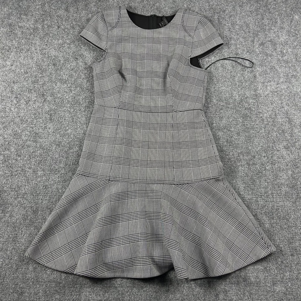 J.Crew Fit & Flare Dress Womens 6 Black White Glen Plaid Glen Check Short Sleeve
